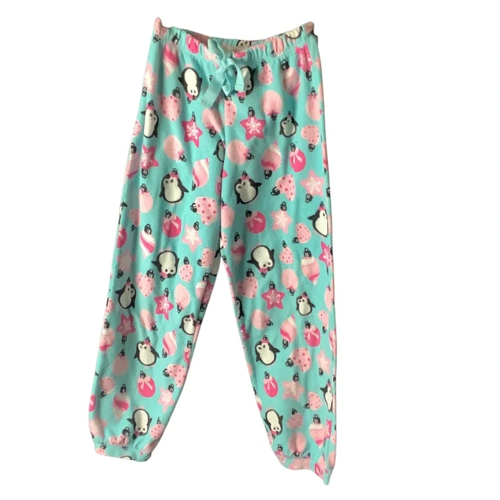 Joe Boxer‎ Pajama Pants Girls Size 7/8 Fleece Teal Penguin Christmas Sleepwear
